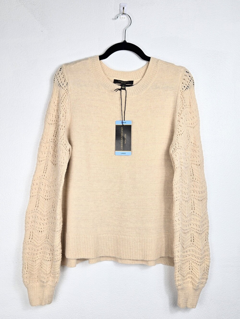 NEW Christian Siriano Pointelle Sweater Lace Knit Caramel Crew Neck Size Large - Picture 2 of 9